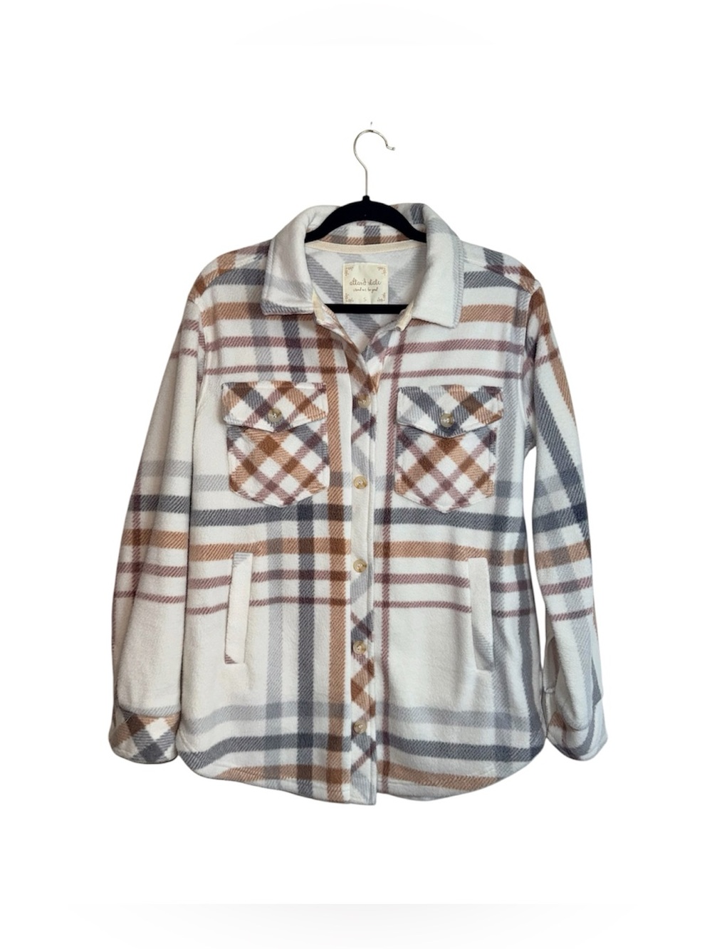 Altar’d State Plaid Fleece Shacket White Pastel Multi Oversized Small Women’s